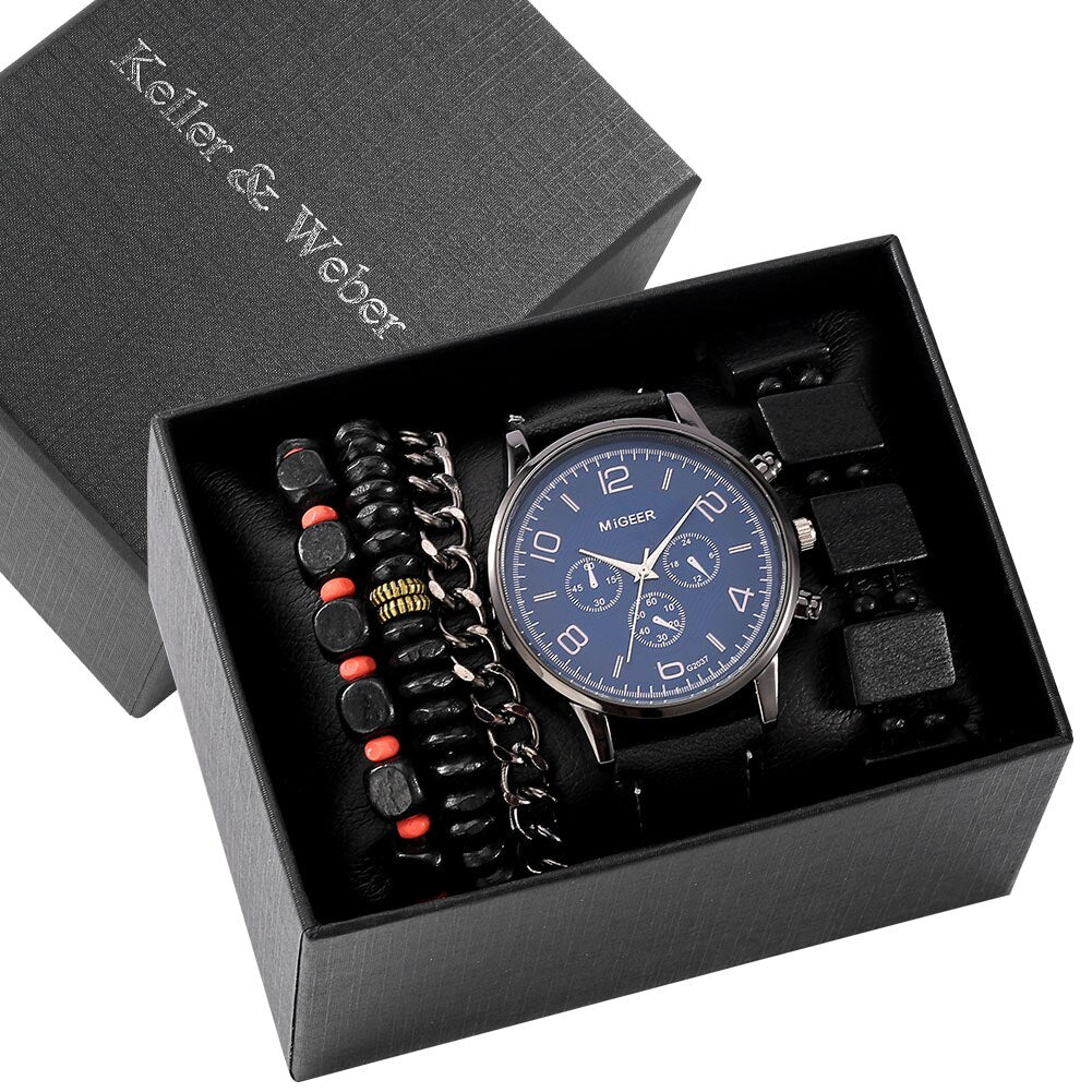 Watch Gift Set for Men Black Quartz Numerals Dial Men's Leather Watches Adjustable Bracelet Men Gift Set for Birthday with Boxes