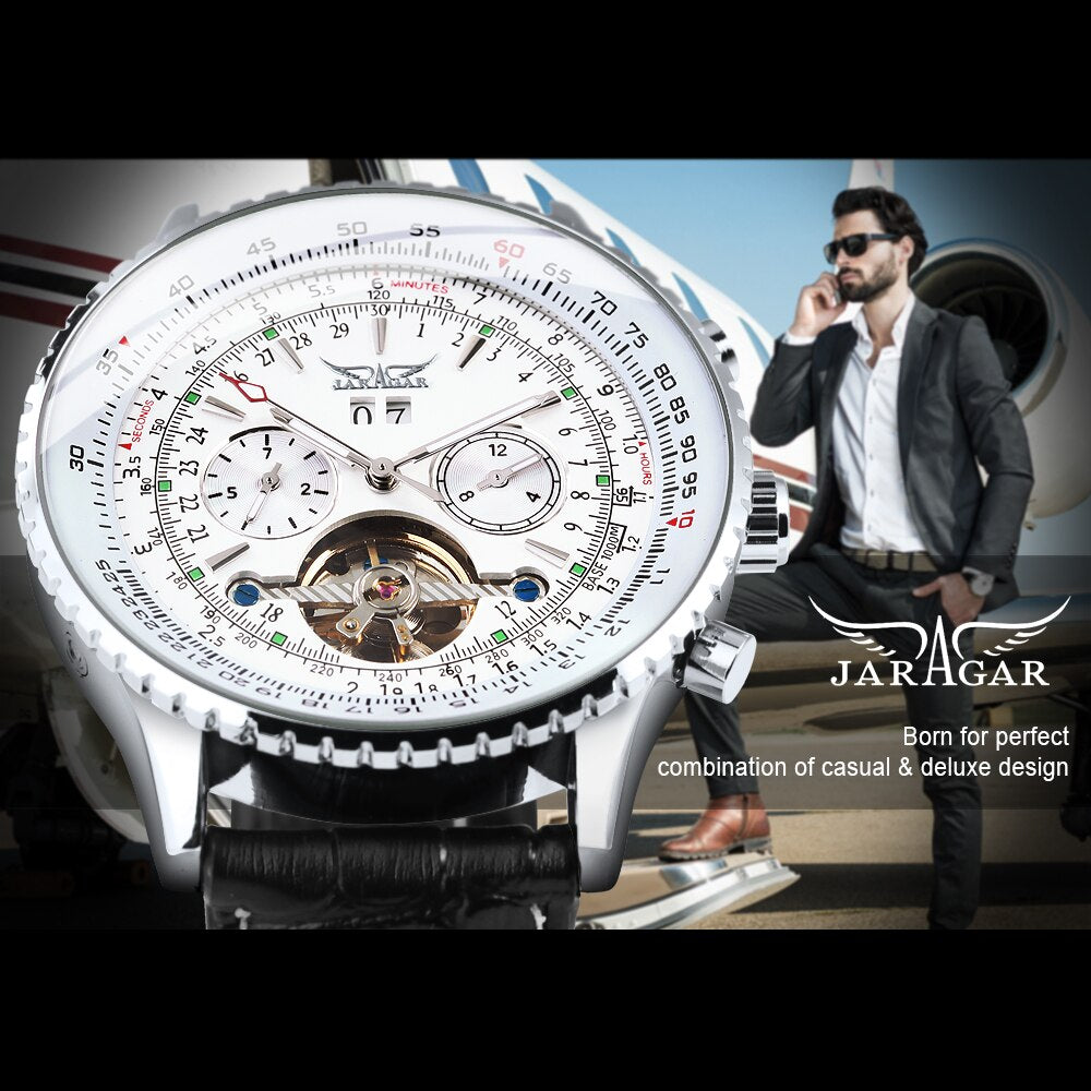 JARAGAR Tourbillon Watch for Men Mechanical Wristwatches Classic Mens Watches Top Brand Luxury Leather Strap Calendar Clock New
