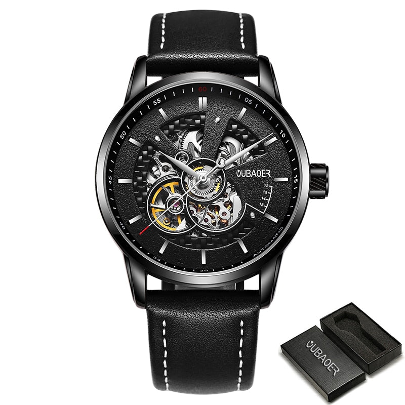 OUBAOER Mens Watches 2021 Mechanical Automatic Top Brand Luxury Tourbillon Self Winding Leather Sport Wristwatch