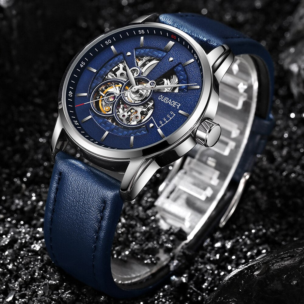 OUBAOER Mens Watches 2021 Mechanical Automatic Top Brand Luxury Tourbillon Self Winding Leather Sport Wristwatch
