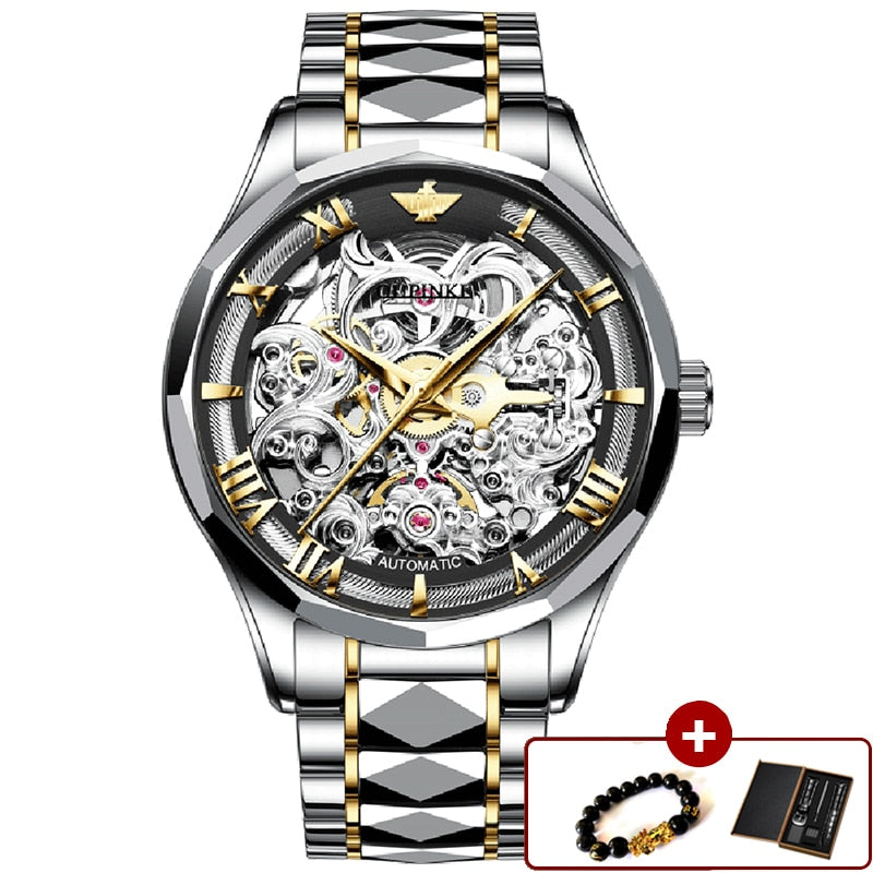 OUPINKE Watches for Men Skeleton Automatic Mechanical Watch Self Winding Sapphire Crystal Luxury Dress Tungsten Steel Waterproof