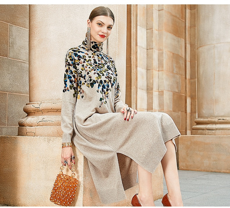 ZUOMAN Autumn 2022 retro casual print loose dress winter high collar long sleeve dress women's elegant bodycon party Vestido