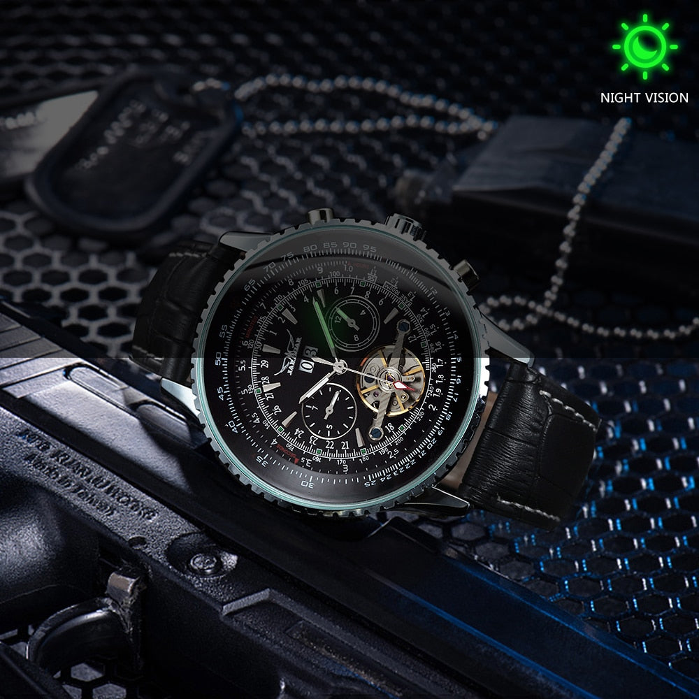 JARAGAR Tourbillon Watch for Men Mechanical Wristwatches Classic Mens Watches Top Brand Luxury Leather Strap Calendar Clock New