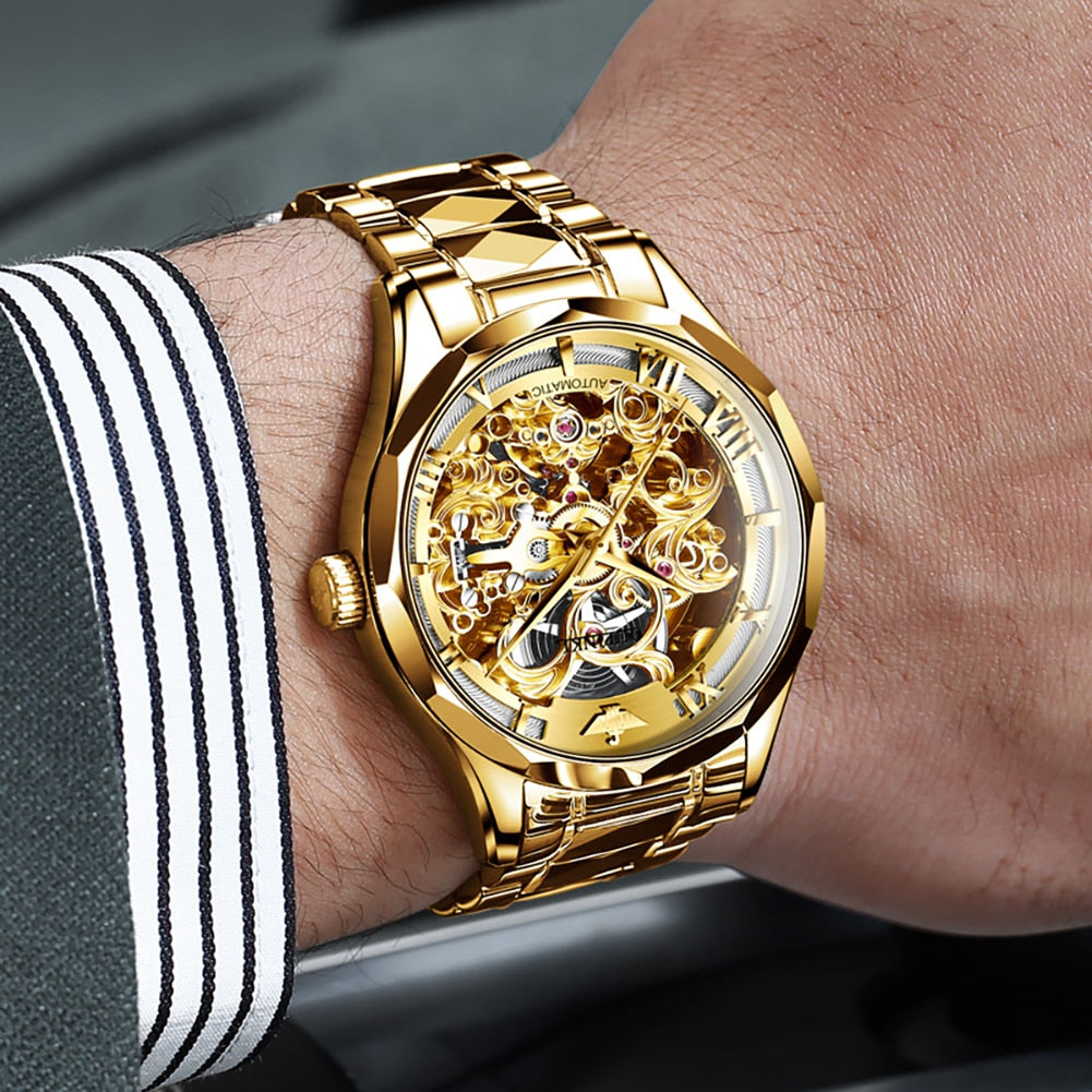 OUPINKE Watches for Men Skeleton Automatic Mechanical Watch Self Winding Sapphire Crystal Luxury Dress Tungsten Steel Waterproof