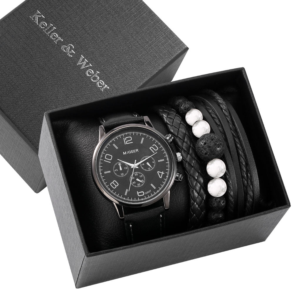 Watch Gift Set for Men Black Quartz Numerals Dial Men's Leather Watches Adjustable Bracelet Men Gift Set for Birthday with Boxes
