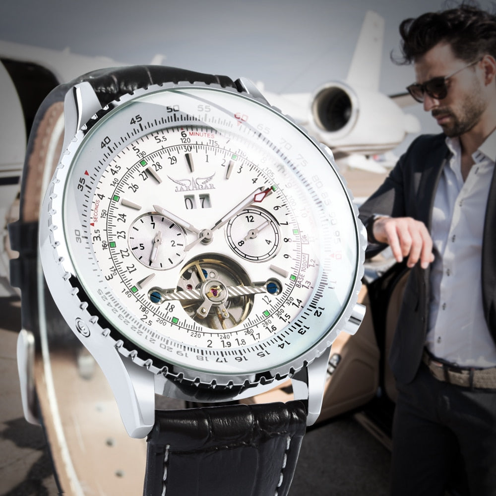 JARAGAR Tourbillon Watch for Men Mechanical Wristwatches Classic Mens Watches Top Brand Luxury Leather Strap Calendar Clock New