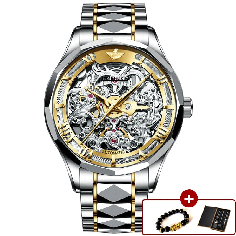 OUPINKE Watches for Men Skeleton Automatic Mechanical Watch Self Winding Sapphire Crystal Luxury Dress Tungsten Steel Waterproof