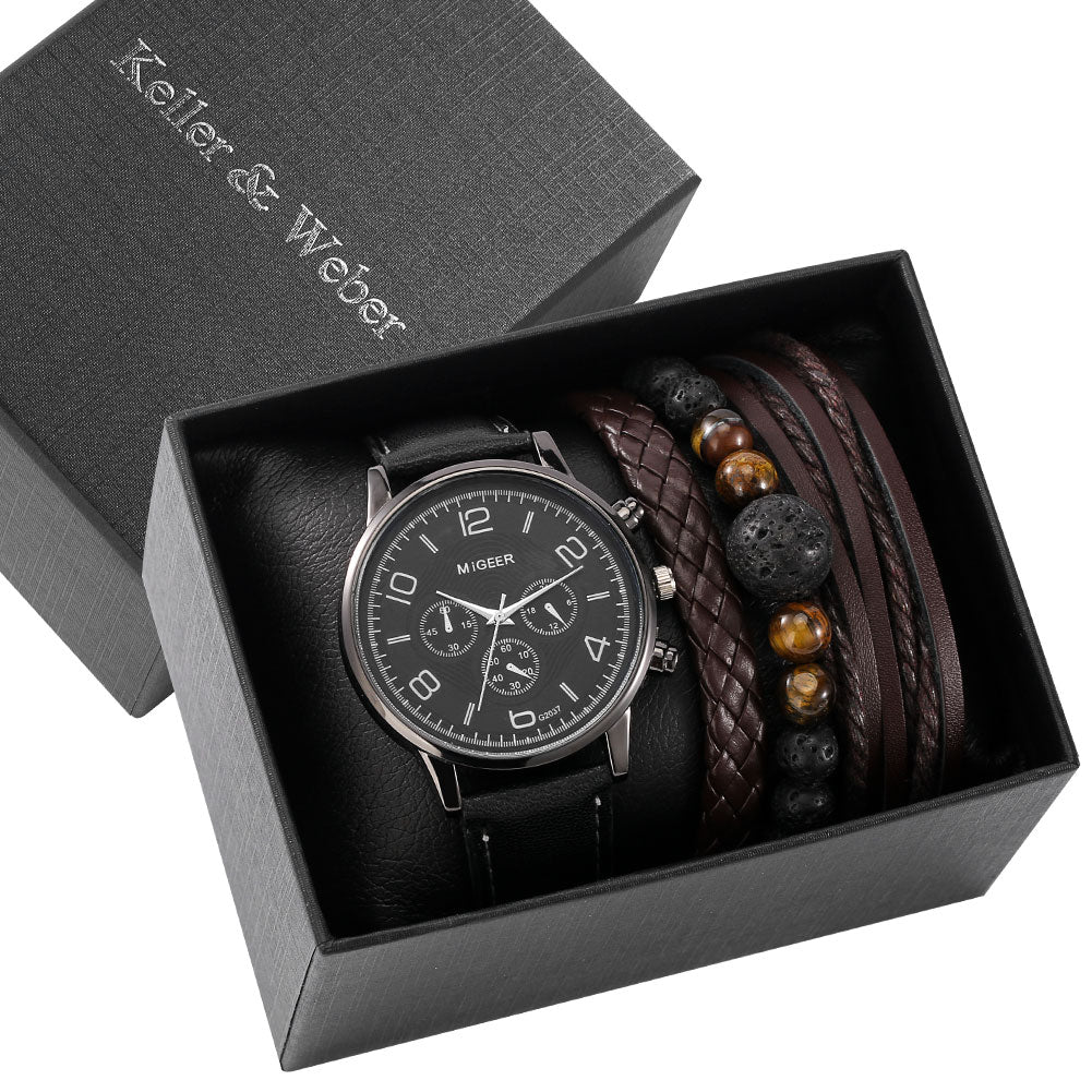 Watch Gift Set for Men Black Quartz Numerals Dial Men's Leather Watches Adjustable Bracelet Men Gift Set for Birthday with Boxes