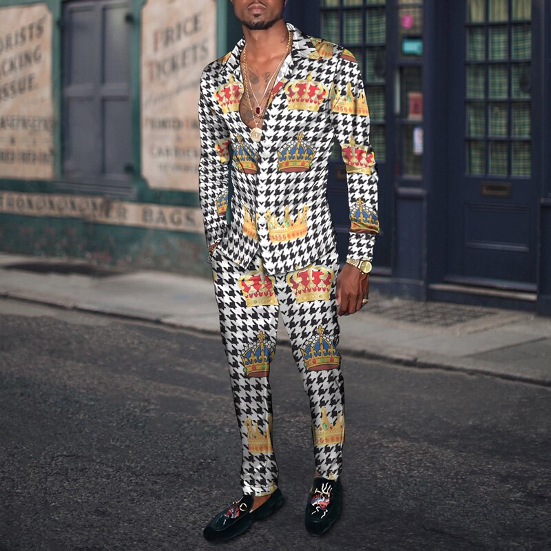 Vintage Harajuku Print Men's Clothing 2022 Spring Autumn New Casual Suits Long Sleeve Shirt Pants 2 Piece Set Trendy Streetwear