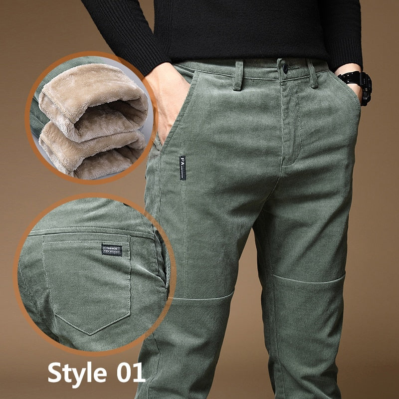 Winter Fleece Warm Corduroy Pants Men Stretch Thick Elastic Waist Fluff Pant Korean Classic Brown Trousers Male Brand Clothing