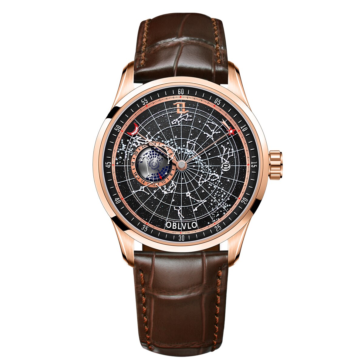 OBLVLO Top Brand Automatic Mechanical Watch for Men Luminous Earth Star Watch Waterproof Leather Strap GC