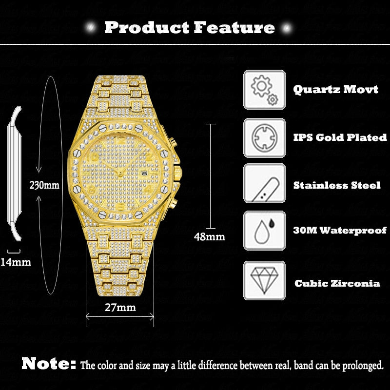 Gold Watch For Men Luxury Diamond Big Wrist Quartz Watches With Calendar Bussiness Hip Hop Large Male Hand Clock Dropshipping