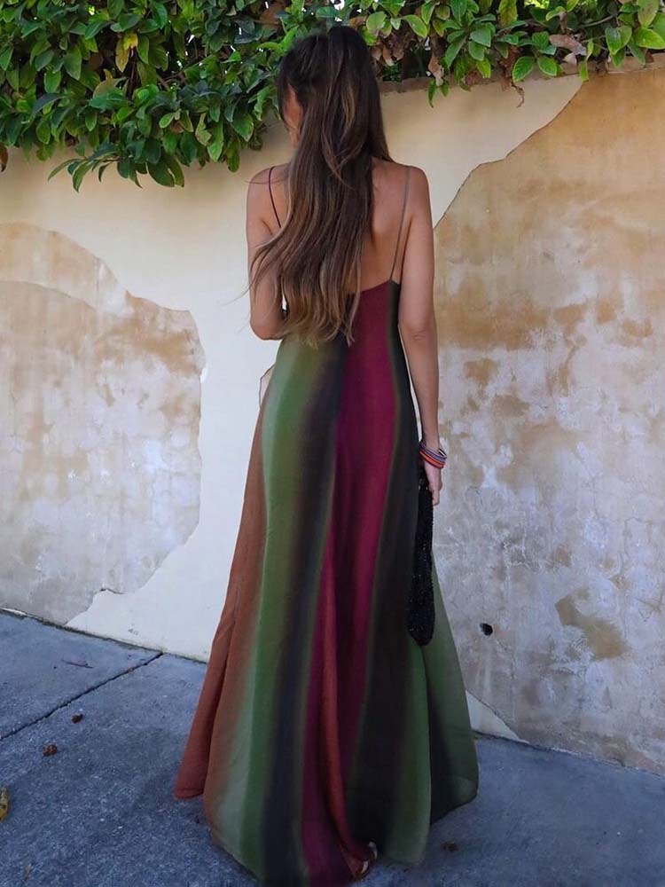 Women Chiffon Tie Dye Sling Long Dress Sexy V-neck Sleeveless Open Back High Waist Vestidos Summer Vacation Beach Party Robes