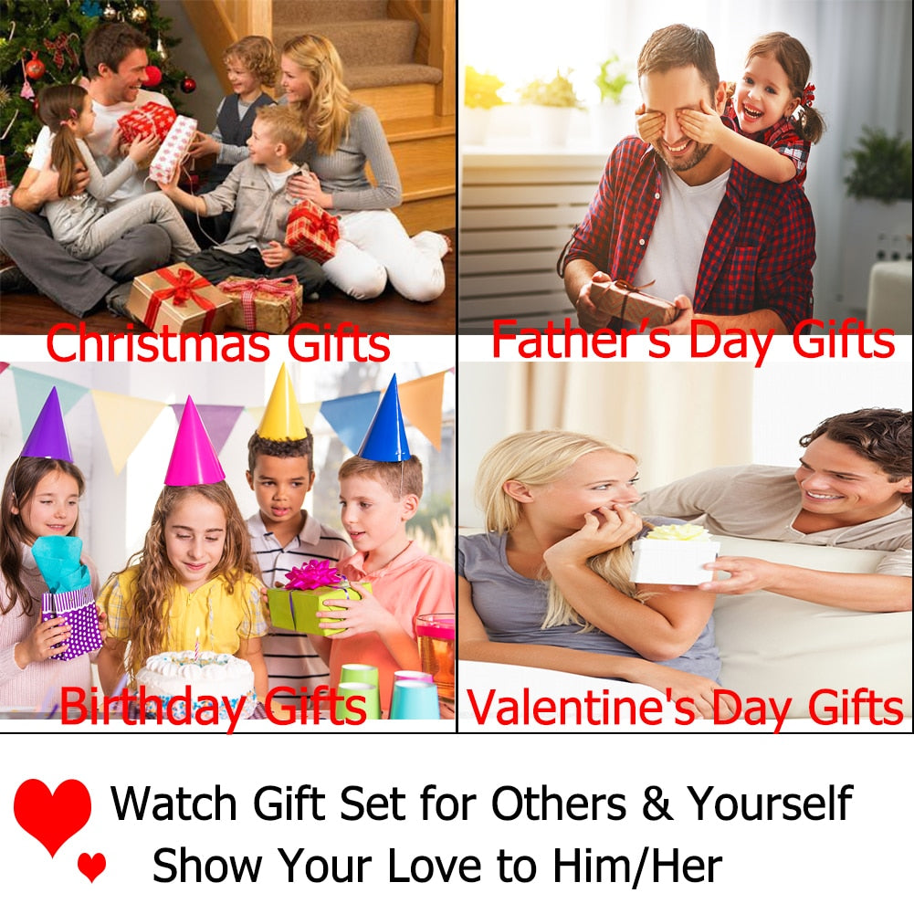 Watch Gift Set for Men Black Quartz Numerals Dial Men's Leather Watches Adjustable Bracelet Men Gift Set for Birthday with Boxes