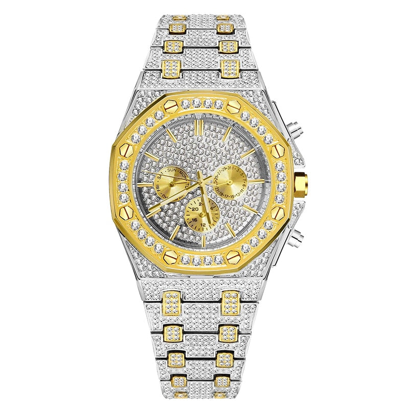 Gold Watch For Men Luxury Diamond Big Wrist Quartz Watches With Calendar Bussiness Hip Hop Large Male Hand Clock Dropshipping