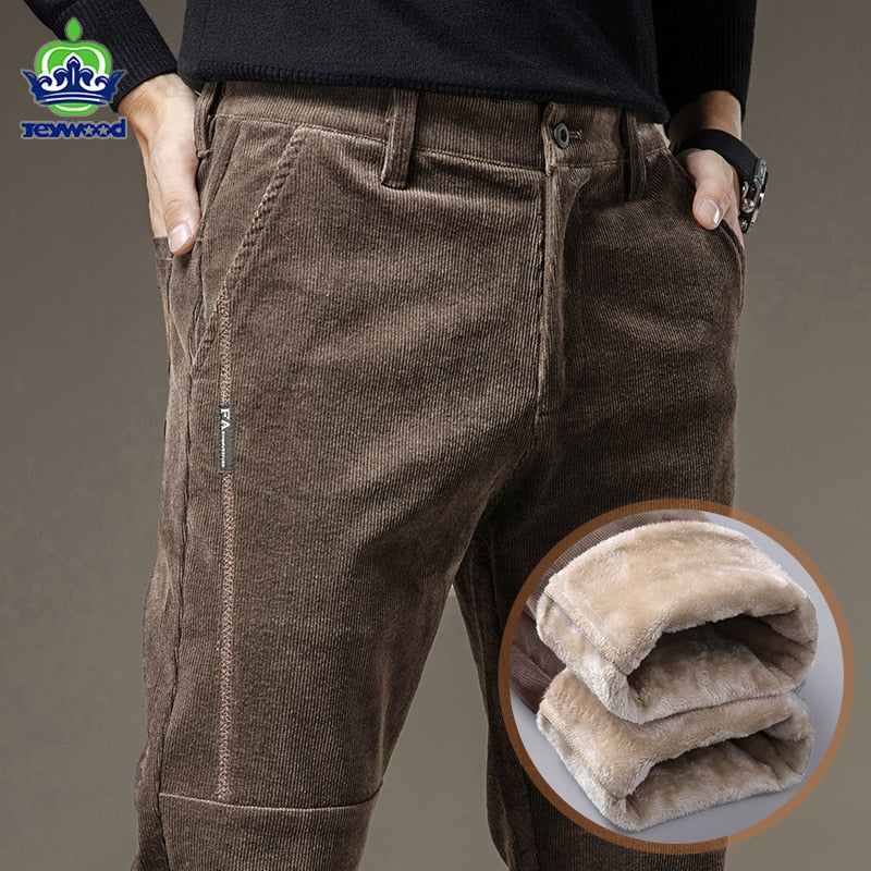 Winter Fleece Warm Corduroy Pants Men Stretch Thick Elastic Waist Fluff Pant Korean Classic Brown Trousers Male Brand Clothing