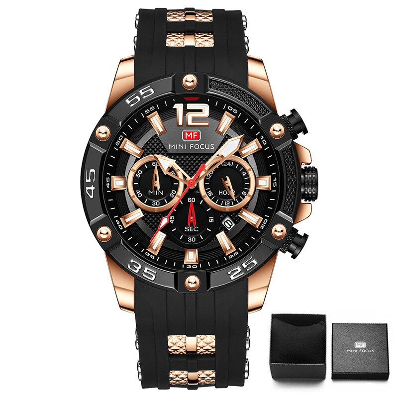 MINI FOCUS Orange Watch for Men Military Sport Chronograph Quartz Wristwatch with Silicone Strap Waterproof Luminous Hands 0349