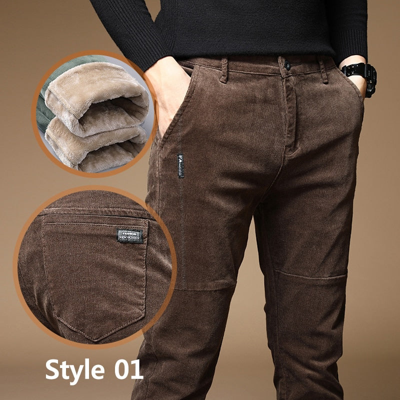 Winter Fleece Warm Corduroy Pants Men Stretch Thick Elastic Waist Fluff Pant Korean Classic Brown Trousers Male Brand Clothing