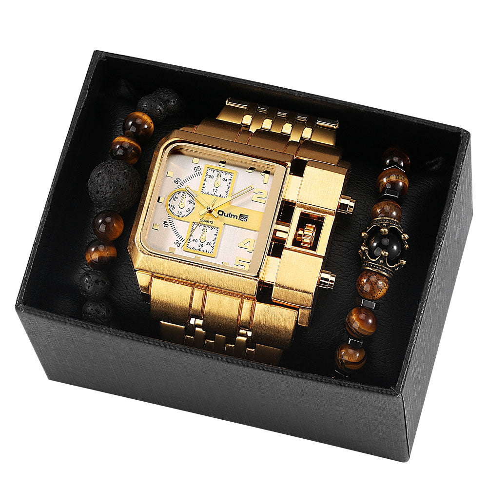 Top Brand Luxury Men Quartz Watch and Bracelet Set Business Gold Stainless Steel Big Dial Wristwatch Gift for Men Reloj Hombre