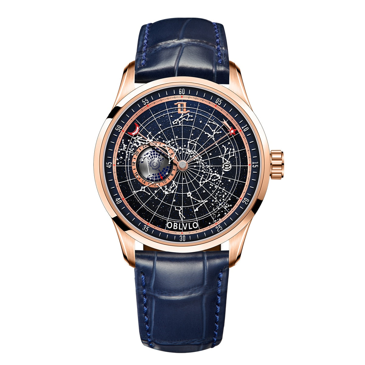 OBLVLO Top Brand Automatic Mechanical Watch for Men Luminous Earth Star Watch Waterproof Leather Strap GC