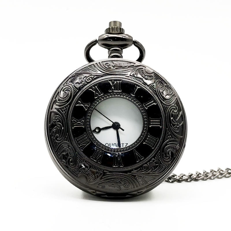 Vintage Charm Black Unisex Fashion Roman Number Quartz Steampunk Pocket Watch Women Man Necklace Pendant with Chain Gifts P427