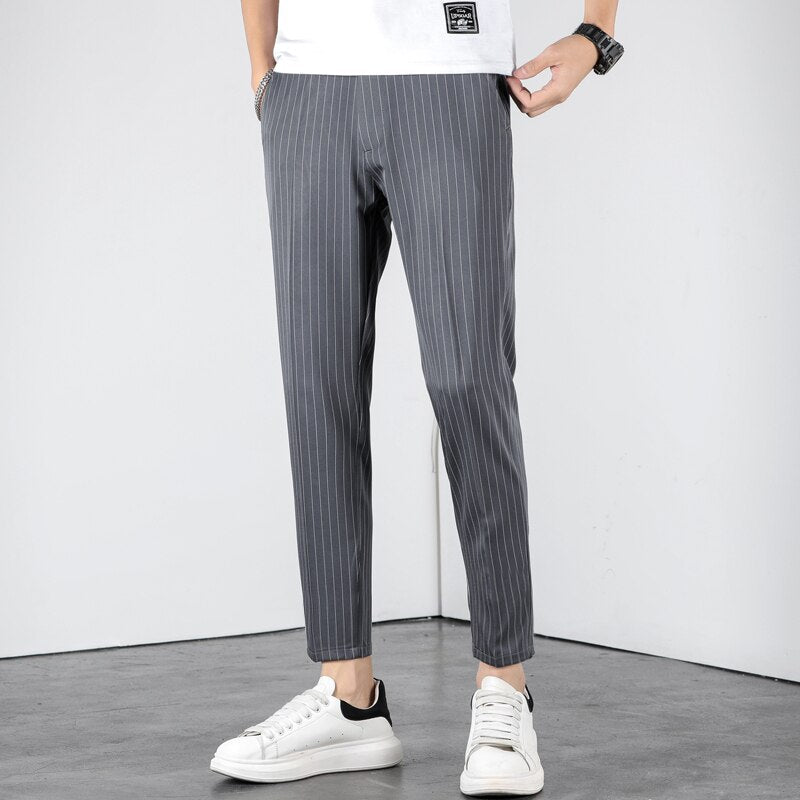 Summer Business Stripe Suit Pants Men Thin Formal Slim Fit Classic Work Ankle Length Straight Blue Trousers Brand Clothing 38