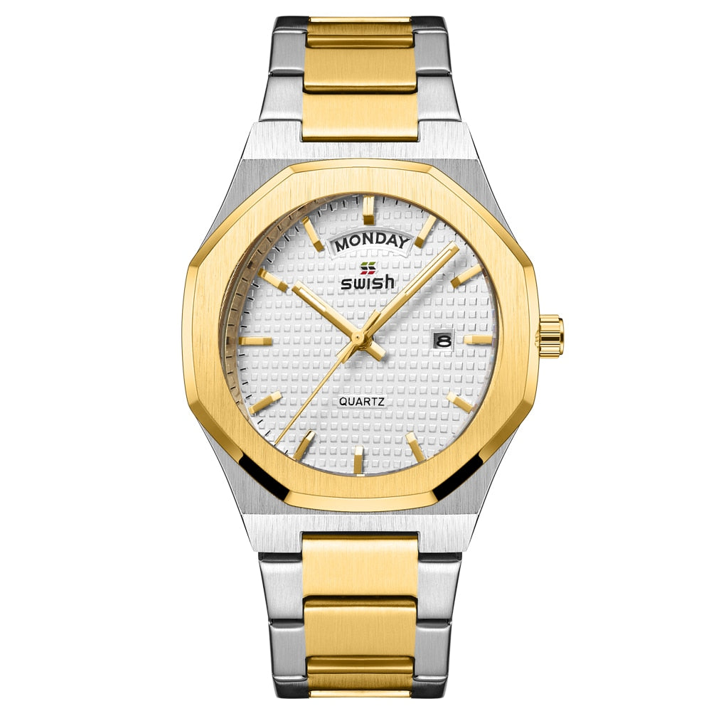 New Octagonal Design Quartz Wristwatches Men Golden Stainless Steel Dress Watch Date/Week Functions Luxury Diver's Clock Man