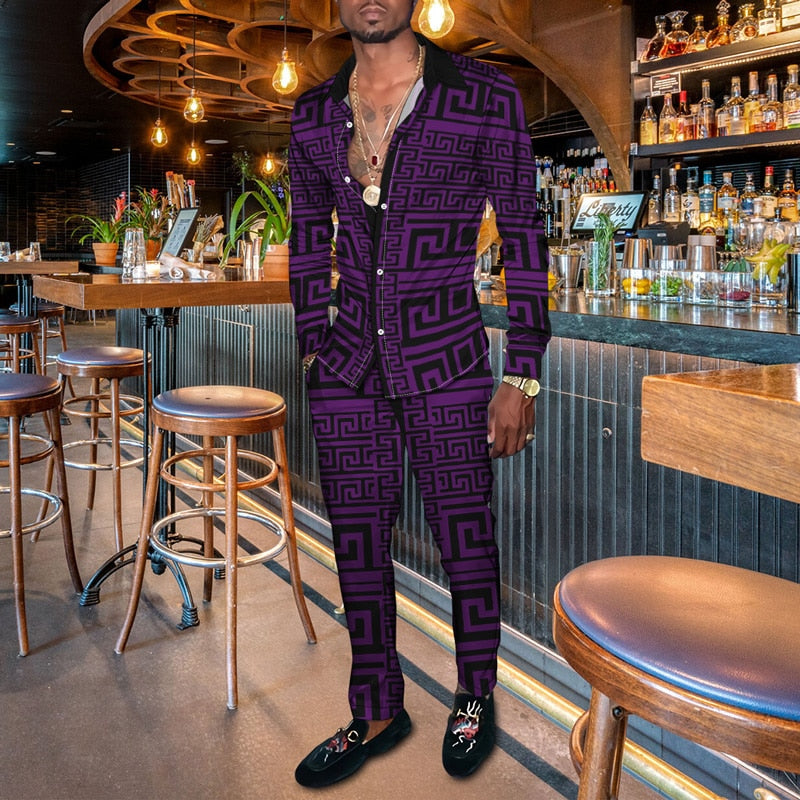 Vintage Harajuku Print Men's Clothing 2022 Spring Autumn New Casual Suits Long Sleeve Shirt Pants 2 Piece Set Trendy Streetwear