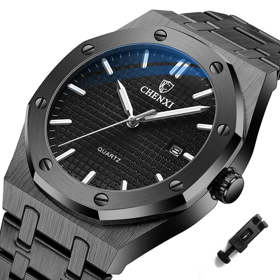 Royal Fashion Casual Men Watches Big Dial Silver Stainless Steel Calendar Quartz Wristwatch Classic Top Brand CHENXI Male Clock