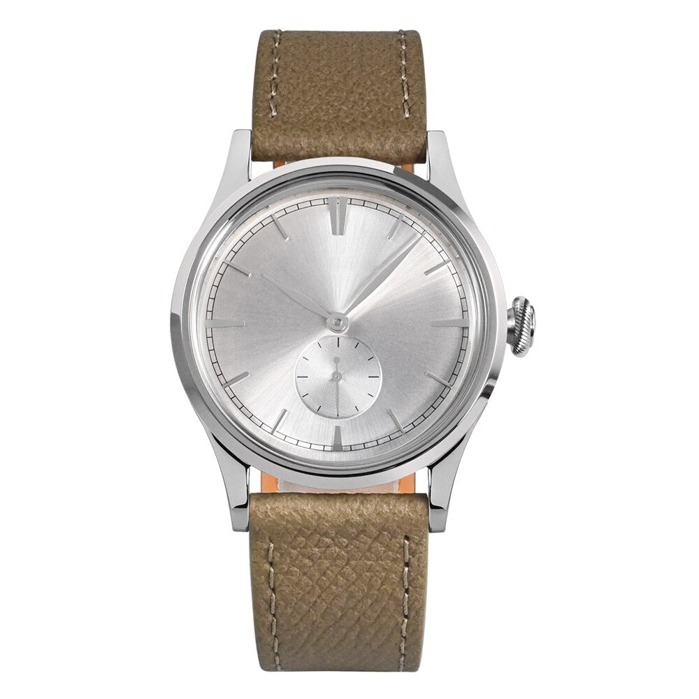 San Martin Mens Dress Watch 38mm Sunray Salmon Dial Ronda 715/6004 Quartz Movement Vintage Simple Watches 5 Bar Leather Strap