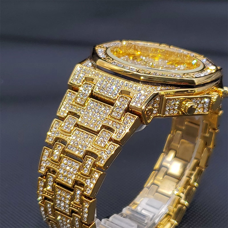 Gold Watch For Men Luxury Diamond Big Wrist Quartz Watches With Calendar Bussiness Hip Hop Large Male Hand Clock Dropshipping
