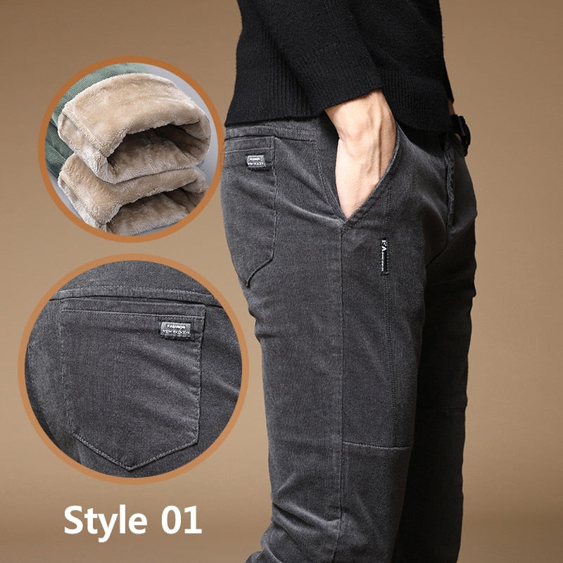 Winter Fleece Warm Corduroy Pants Men Stretch Thick Elastic Waist Fluff Pant Korean Classic Brown Trousers Male Brand Clothing