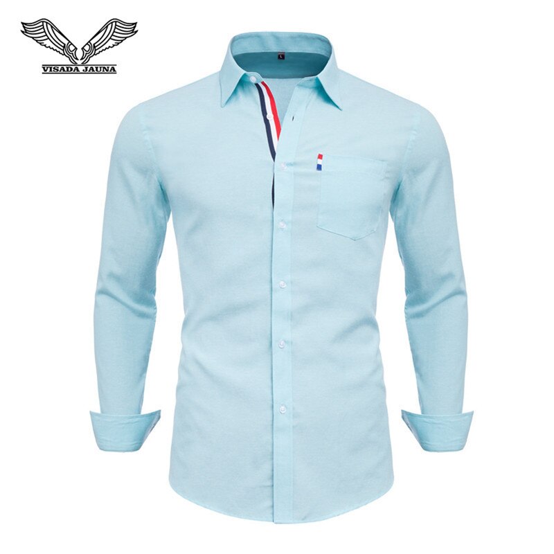 VISADA JAUNA US Europe XXL 2018 Men Shirt Solid Color Cotton Casual Business Male Brand Clothing Chemise Homme Blue Dress