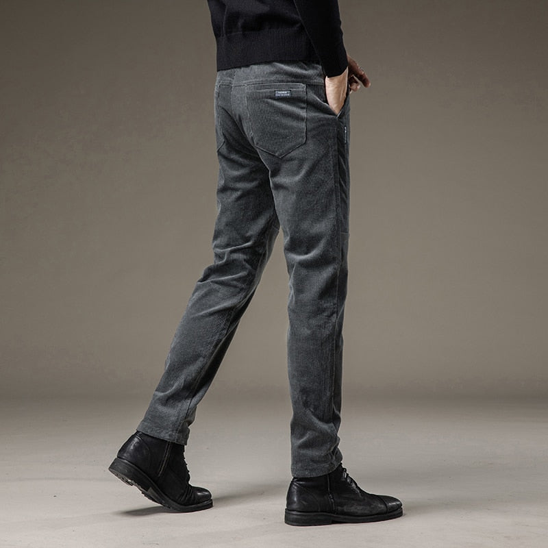 Winter Fleece Warm Corduroy Pants Men Stretch Thick Elastic Waist Fluff Pant Korean Classic Brown Trousers Male Brand Clothing