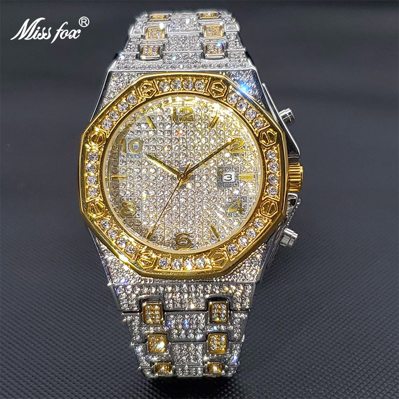 Gold Watch For Men Luxury Diamond Big Wrist Quartz Watches With Calendar Bussiness Hip Hop Large Male Hand Clock Dropshipping