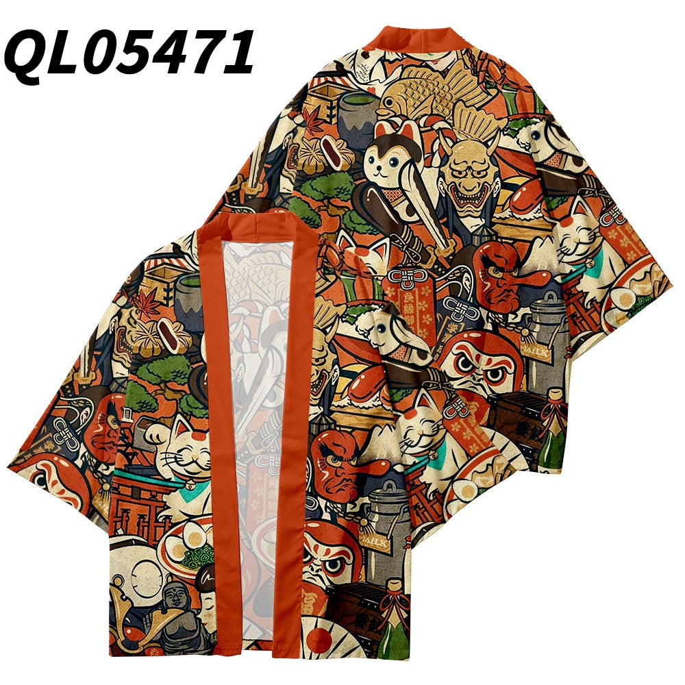 Streetwear Cardigan Demon Samurai Cat Print Shirt Clothing Traditional Haori Kimono Women Men Harajuku Japanese Beach Yukata Top