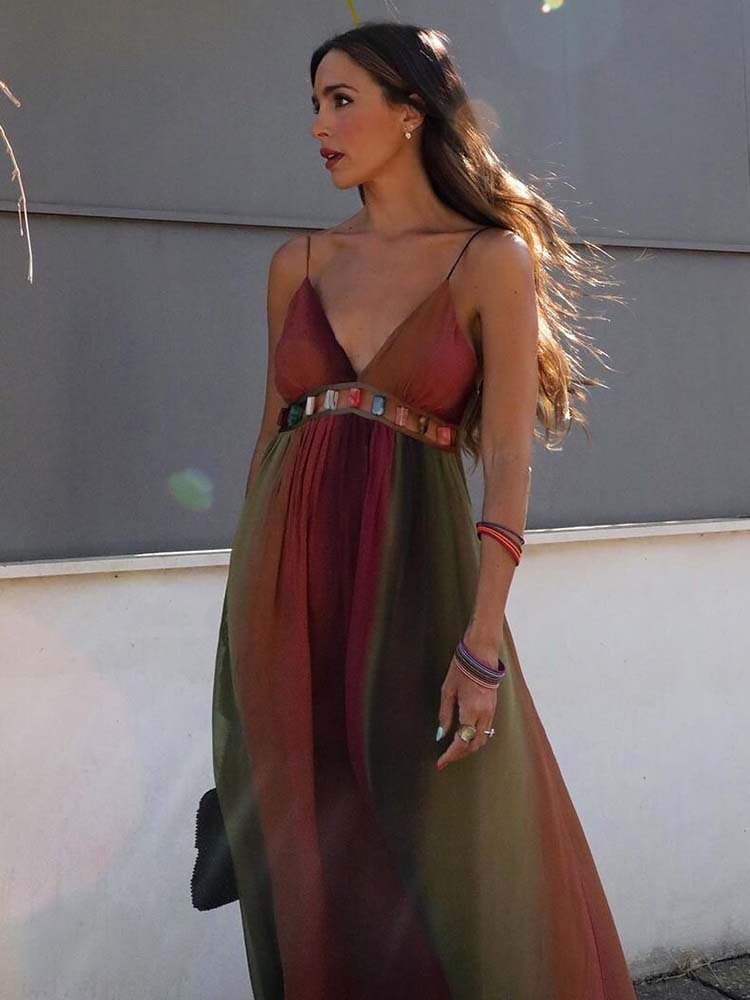 Women Chiffon Tie Dye Sling Long Dress Sexy V-neck Sleeveless Open Back High Waist Vestidos Summer Vacation Beach Party Robes