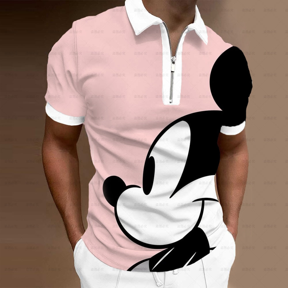 Summer Men's Clothing Polo Shirt Street Disney Mickey 3D Print Casual Short Sleeve T Shirt Men's Lapel Zip Polo Shirt