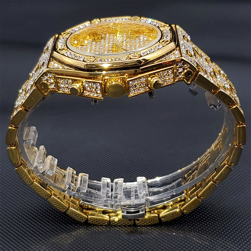 Gold Watch For Men Luxury Diamond Big Wrist Quartz Watches With Calendar Bussiness Hip Hop Large Male Hand Clock Dropshipping