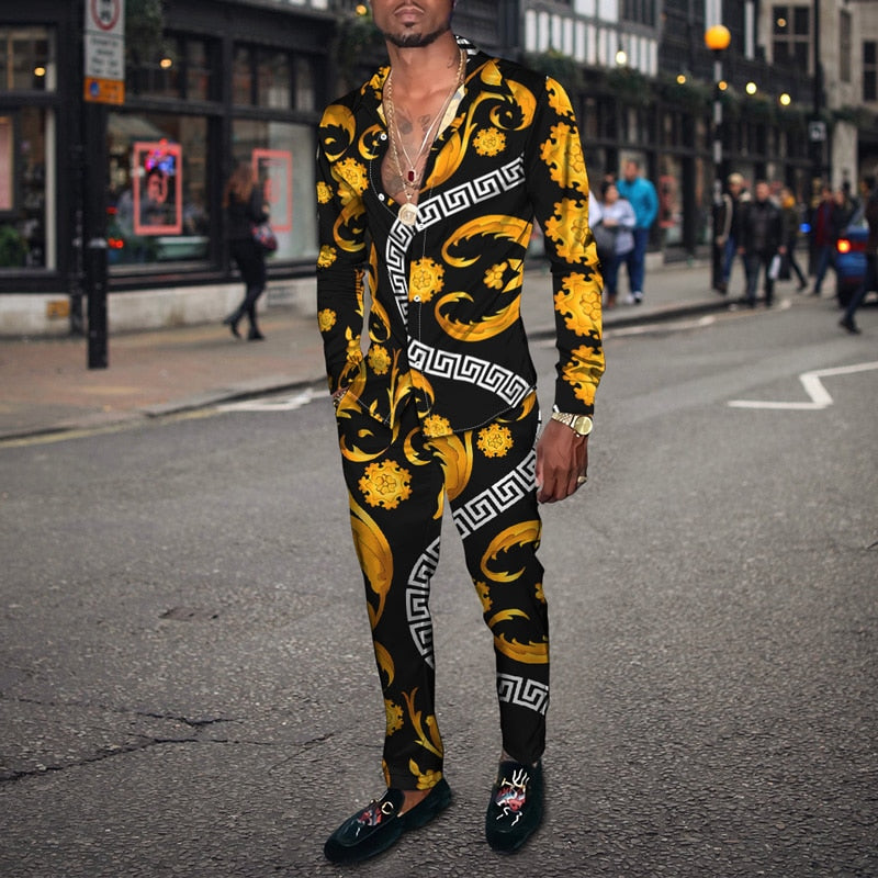 Vintage Harajuku Print Men's Clothing 2022 Spring Autumn New Casual Suits Long Sleeve Shirt Pants 2 Piece Set Trendy Streetwear