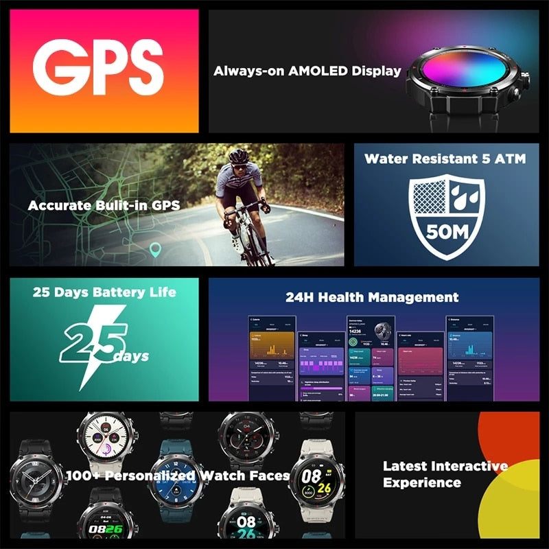 ZODVBOZ GPS Smart Watch AMOLED HD Screen Watches 24-hour Health Monitoring Long Battery Life 5 ATM Waterproof Smartwatch For Men