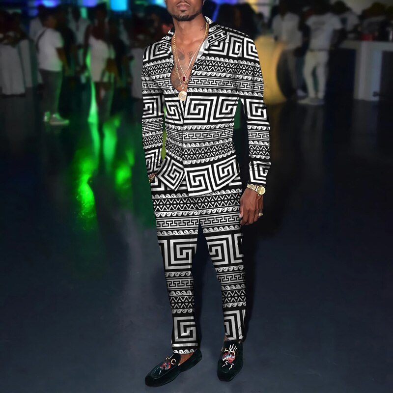 Vintage Harajuku Print Men's Clothing 2022 Spring Autumn New Casual Suits Long Sleeve Shirt Pants 2 Piece Set Trendy Streetwear