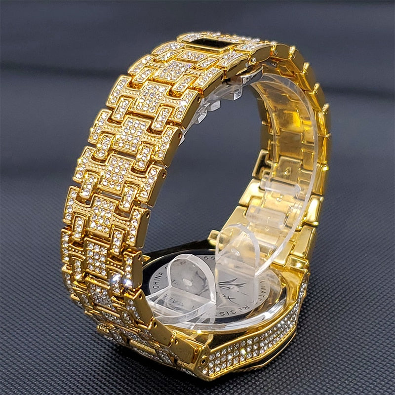 Gold Watch For Men Luxury Diamond Big Wrist Quartz Watches With Calendar Bussiness Hip Hop Large Male Hand Clock Dropshipping