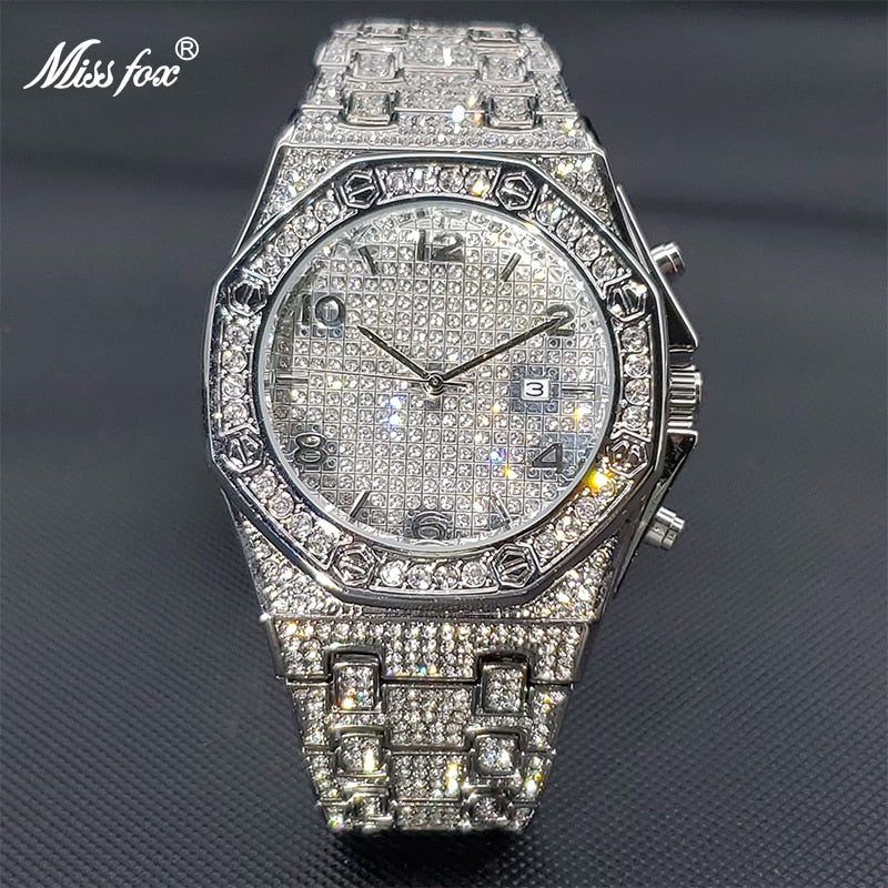Gold Watch For Men Luxury Diamond Big Wrist Quartz Watches With Calendar Bussiness Hip Hop Large Male Hand Clock Dropshipping