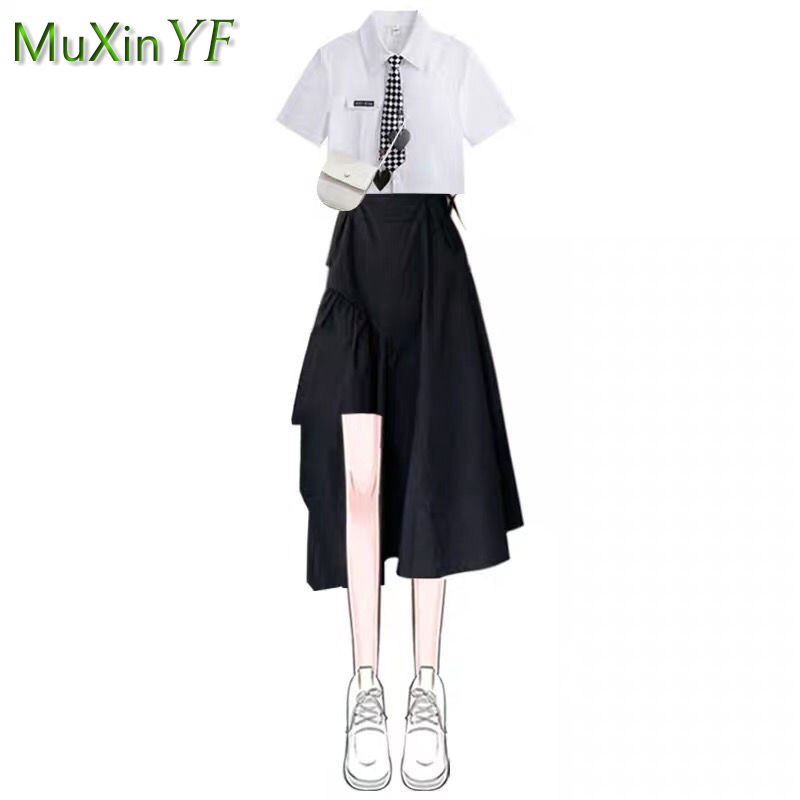 Women's Dress Suit 2023 Summer Fashion Cross Short Sleeve+Irregular Length Skirt Two Piece Korean Elegant New in Matching Set