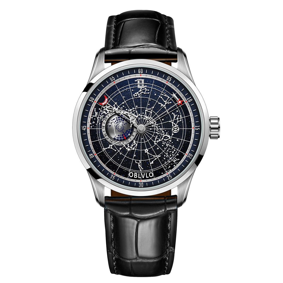 OBLVLO Top Brand Automatic Mechanical Watch for Men Luminous Earth Star Watch Waterproof Leather Strap GC