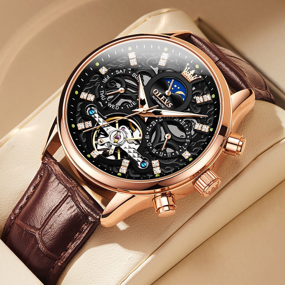 OLEVS Watches for Men Automatic Mechanical Watch Waterproof Hollow out Noctiucent Skeleton Automatic Wind up Male Wristwatch