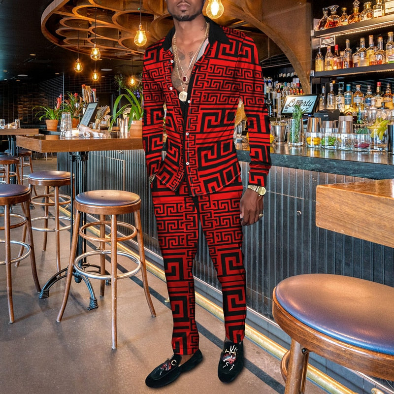 Vintage Harajuku Print Men's Clothing 2022 Spring Autumn New Casual Suits Long Sleeve Shirt Pants 2 Piece Set Trendy Streetwear