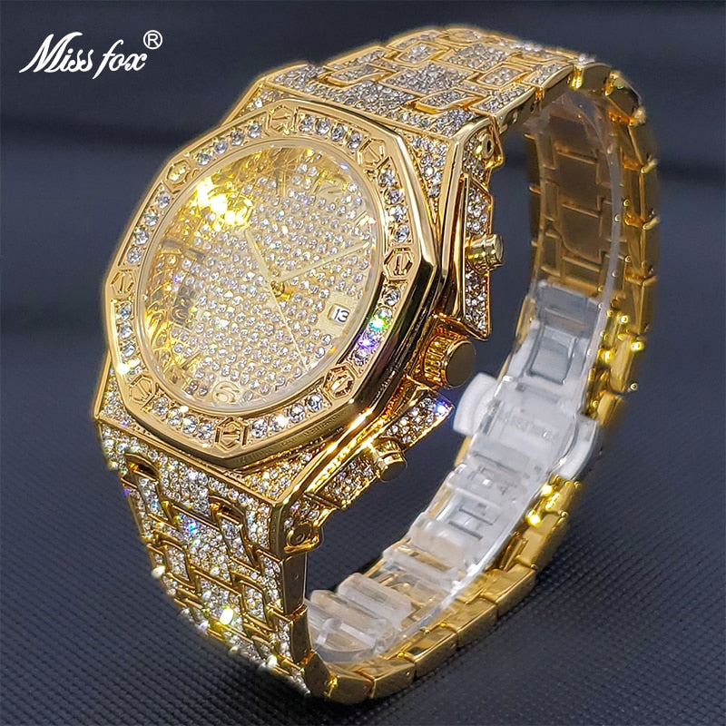Gold Watch For Men Luxury Diamond Big Wrist Quartz Watches With Calendar Bussiness Hip Hop Large Male Hand Clock Dropshipping