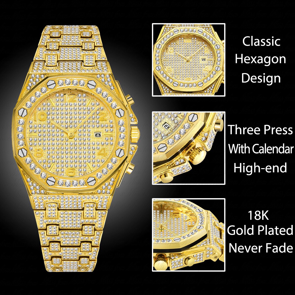 Gold Watch For Men Luxury Diamond Big Wrist Quartz Watches With Calendar Bussiness Hip Hop Large Male Hand Clock Dropshipping